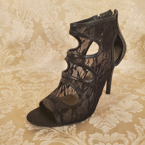 Black Lace Guess Cut Out Zip Heel Peep Toe Sandals Pumps - Picture 7 of 12